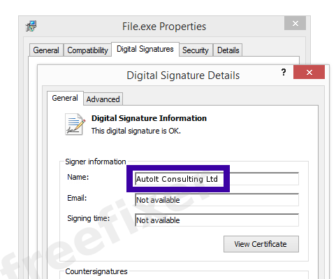 Screenshot of the AutoIt Consulting Ltd certificate